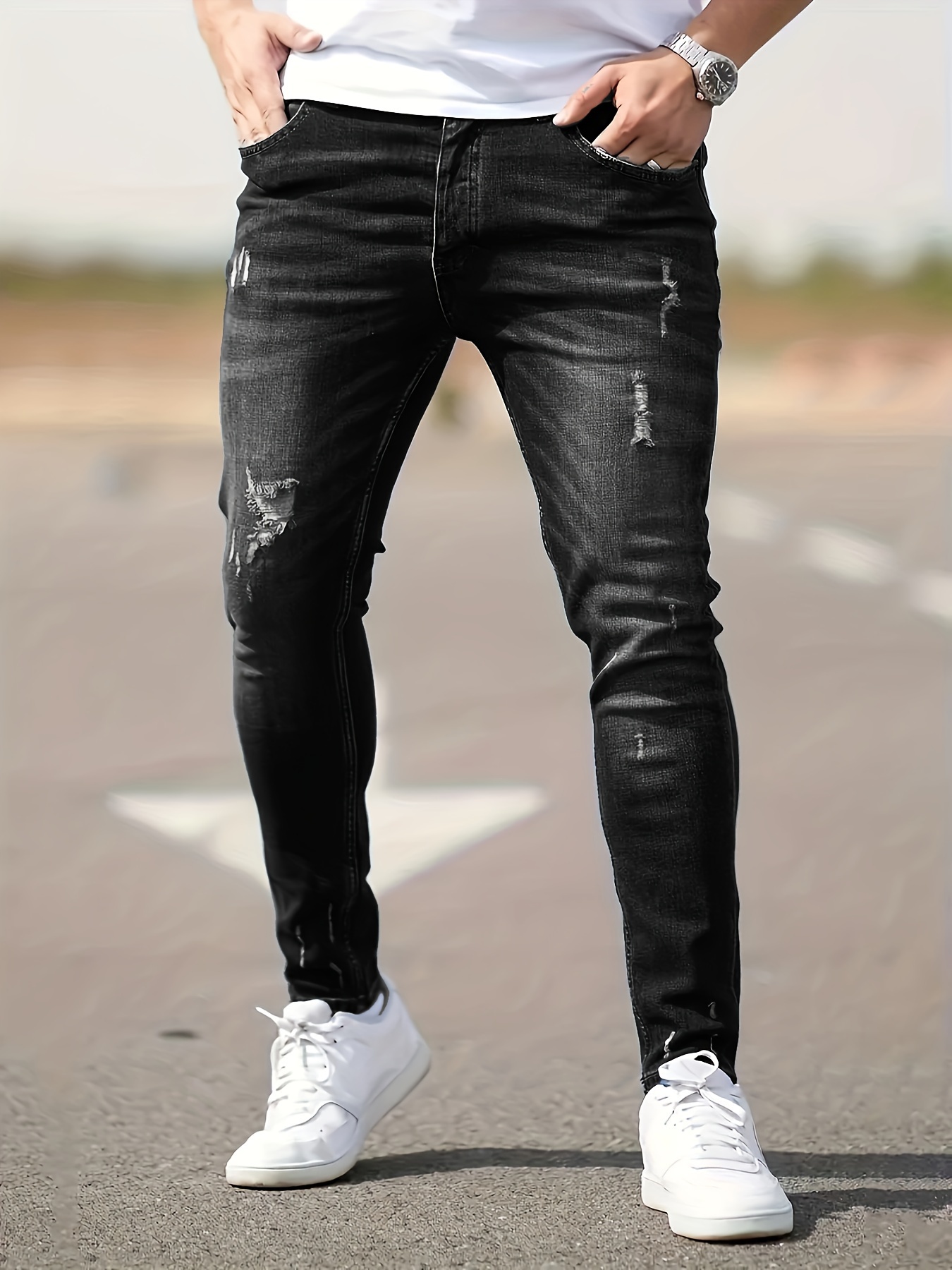 chic skinny ripped jeans, chic skinny ripped jeans mens casual street style medium stretch jeans details 0