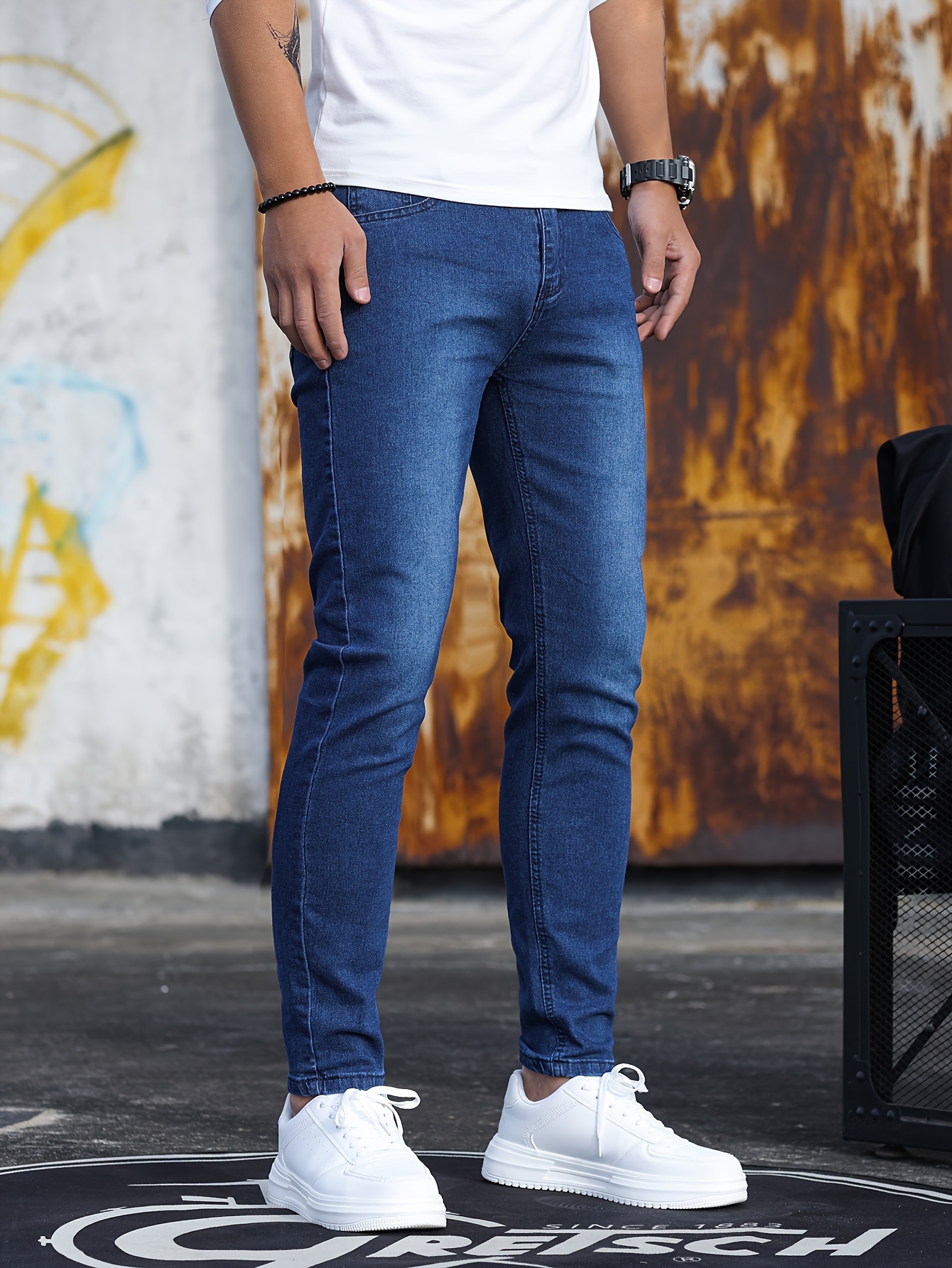 mens casual skinny jeans chic street style medium stretch denim pants details 7