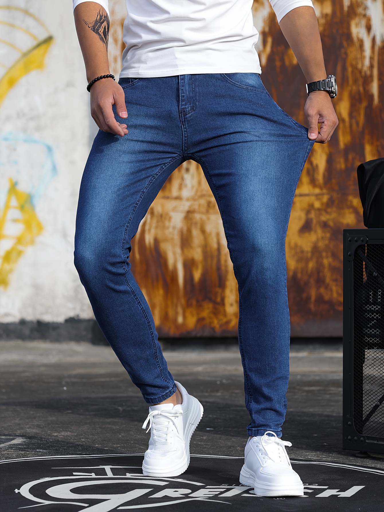 mens casual skinny jeans chic street style medium stretch denim pants details 12