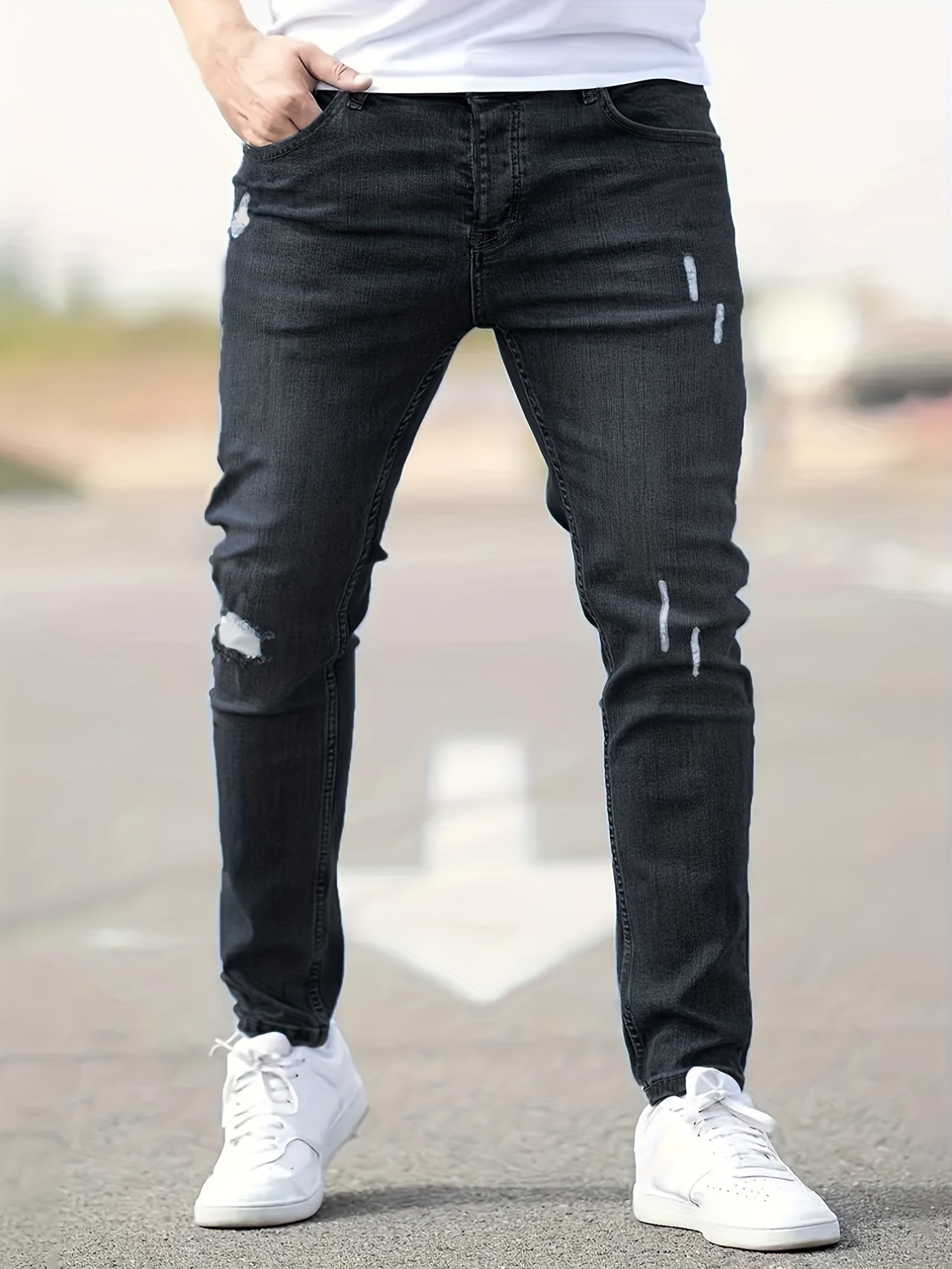 ripped design cotton slim fit jeans mens casual street style leg mid stretch denim pants for spring summer details 10