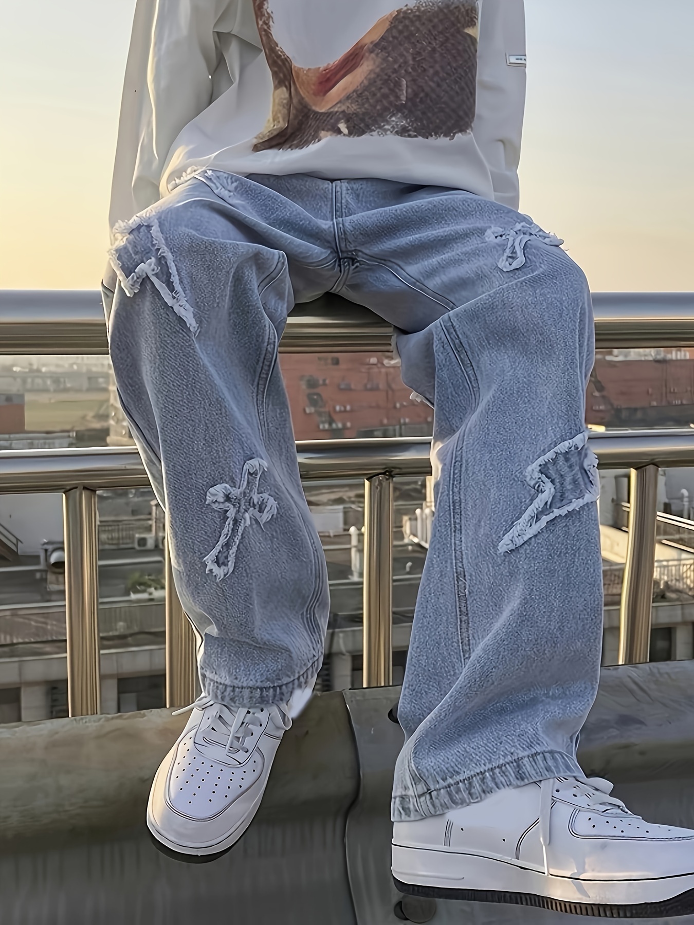 embroidery loose ripped cotton blend jeans mens casual street style distressed denim pants for spring summer details 5