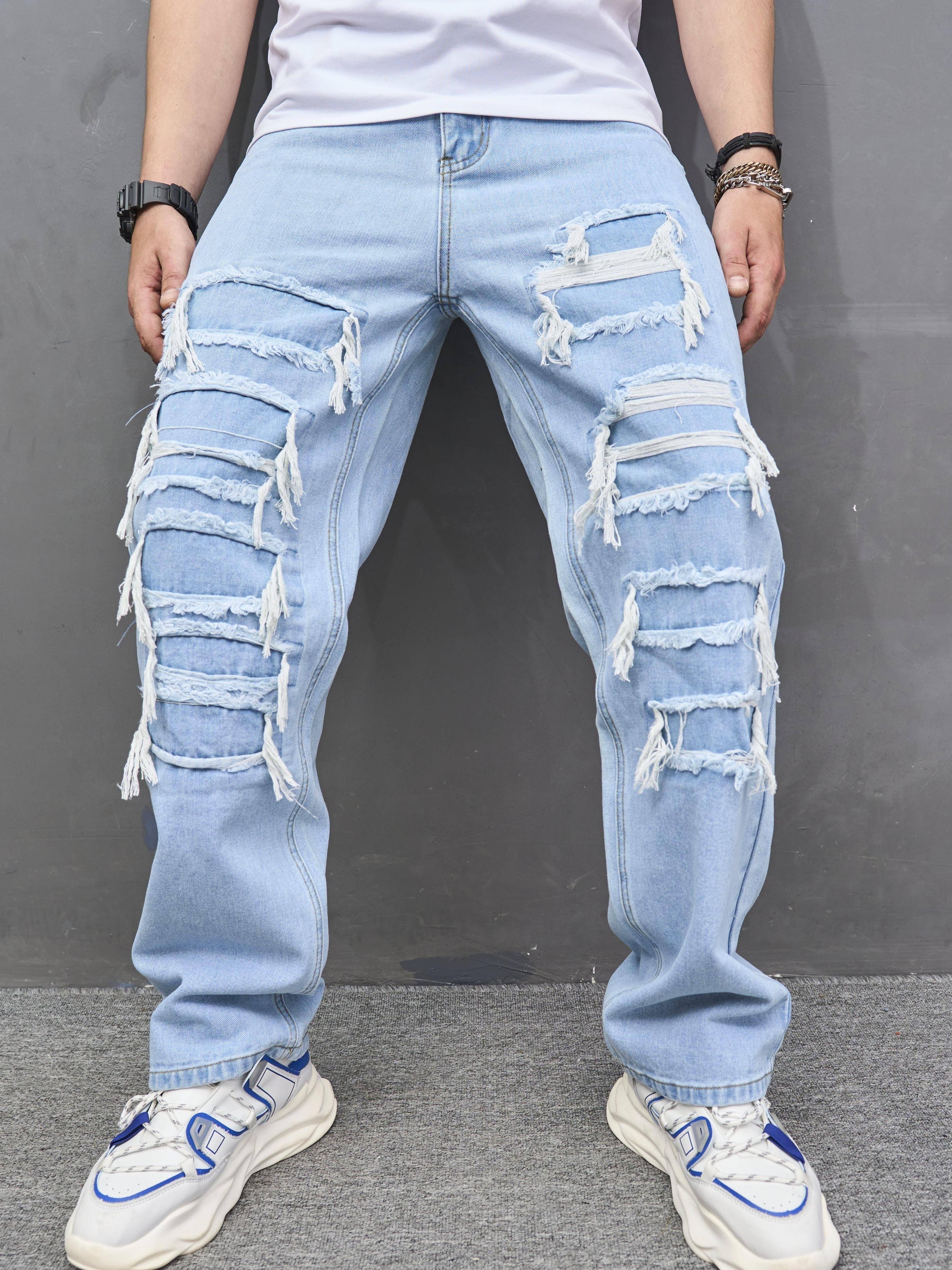 mens straight leg jeans casual street style raw trim denim pants with pockets details 1