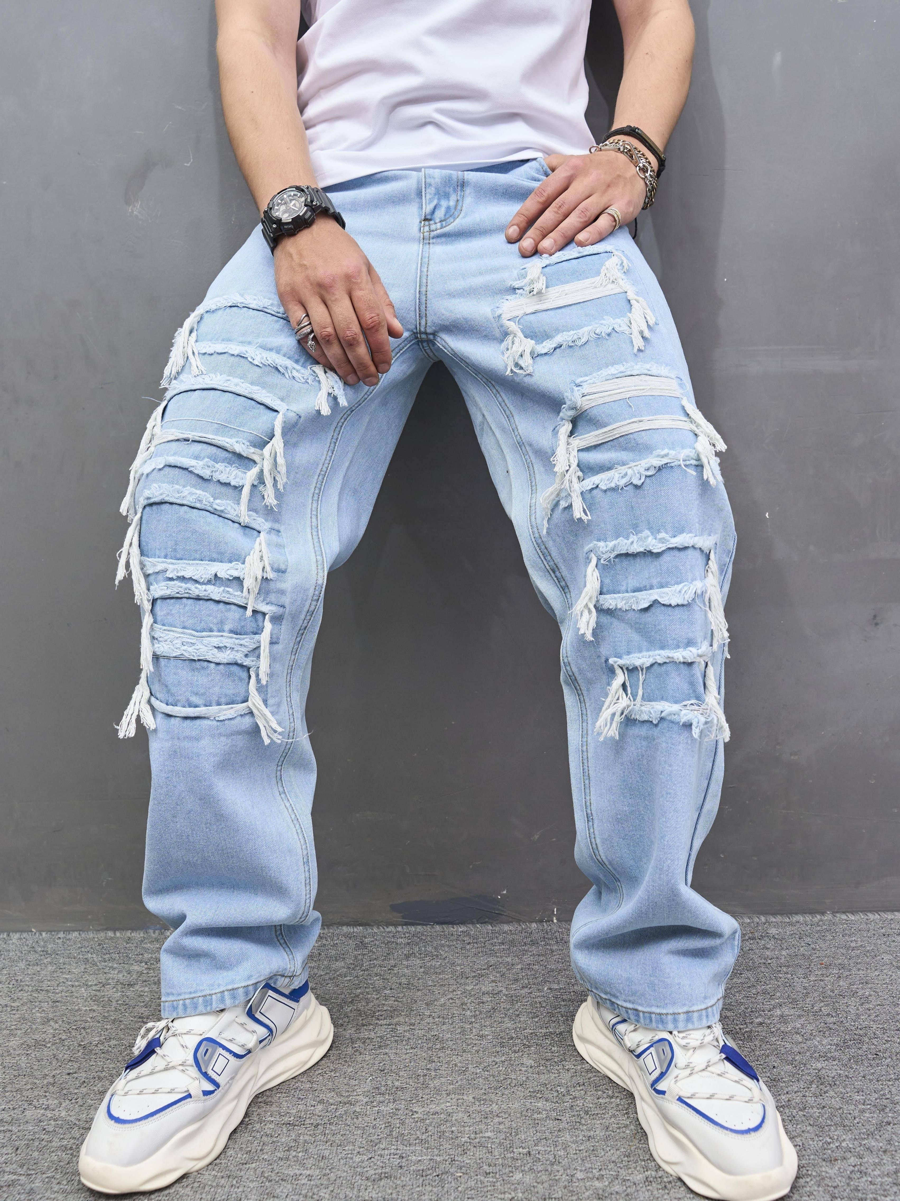 mens straight leg jeans casual street style raw trim denim pants with pockets details 4