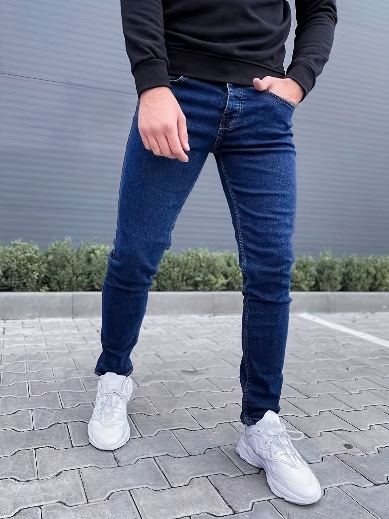 slim fit straight leg cotton jeans, slim fit straight leg cotton jeans mens casual street style solid color slightly stretch denim pants for spring summer details 12