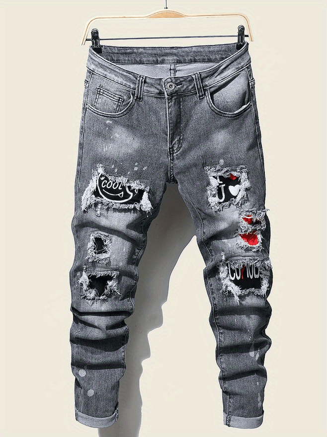 slim fit patchwork jeans mens casual street style distressed stretch denim pants details 0