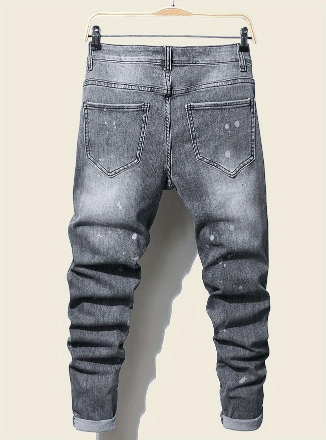 slim fit patchwork jeans mens casual street style distressed stretch denim pants details 1