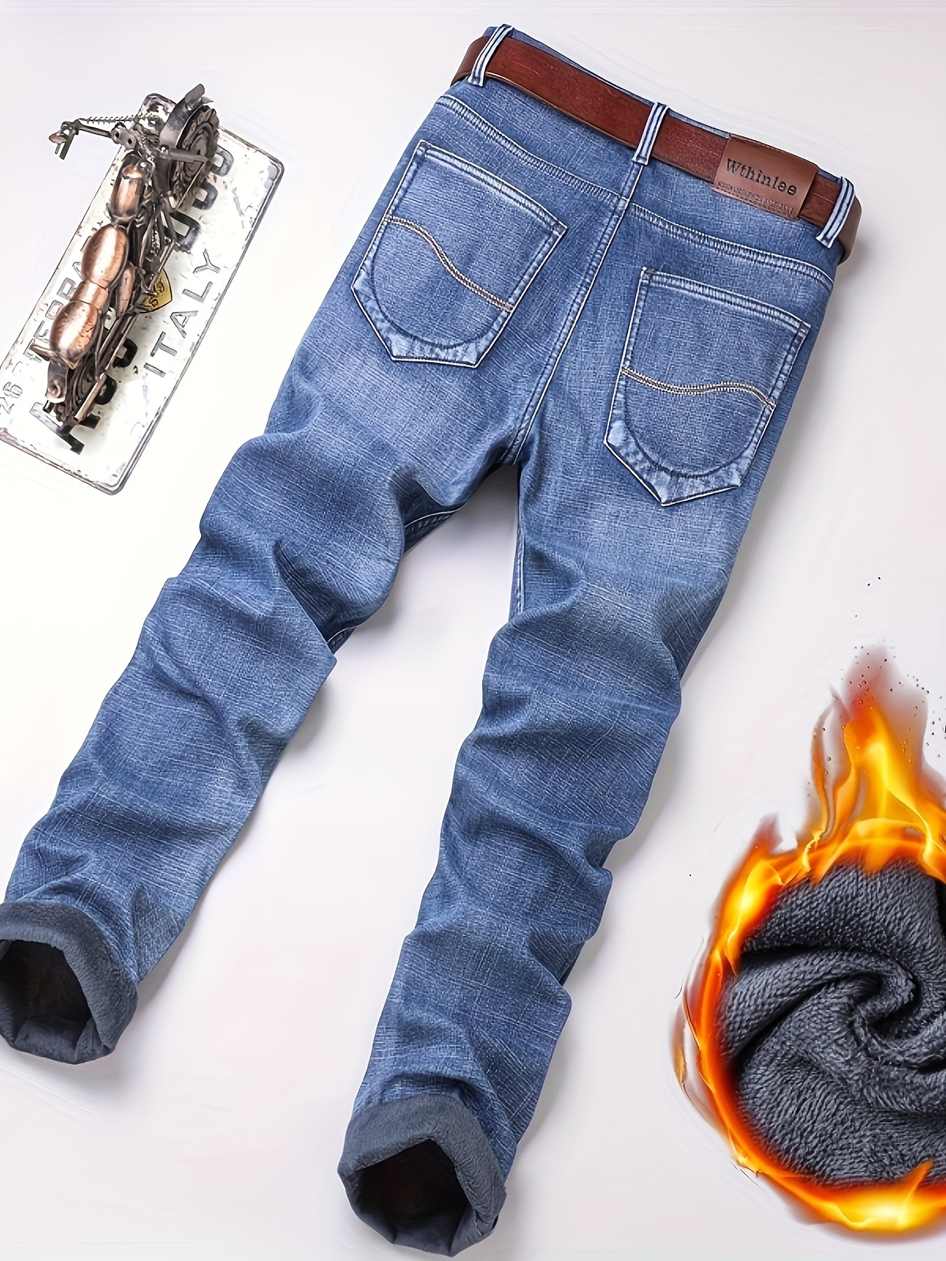 mens trendy plush lined jeans mens denim pants streetwear classic jeans for winter fall details 5