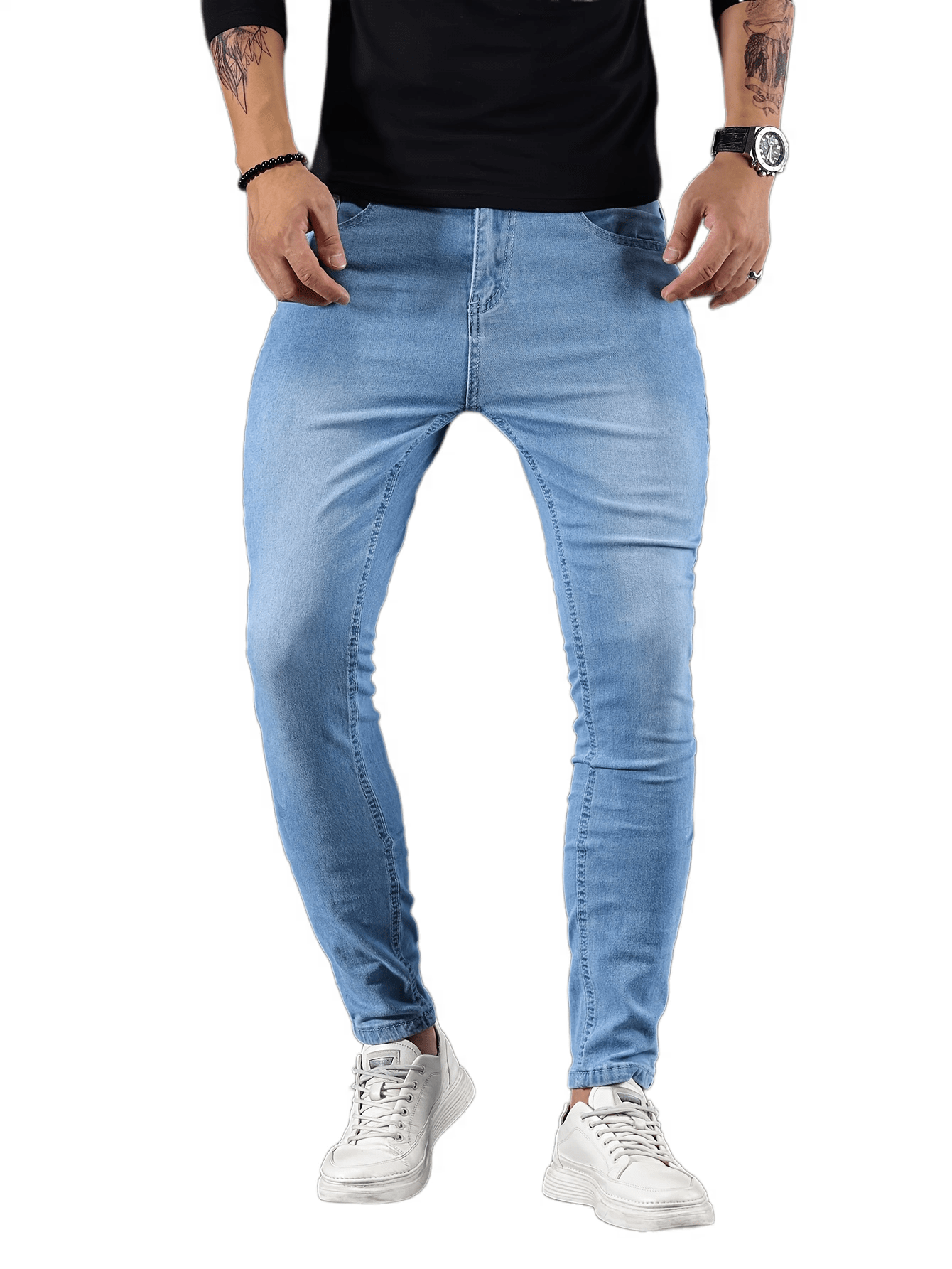 mens casual skinny medium stretch jeans chic street style denim pants details 10