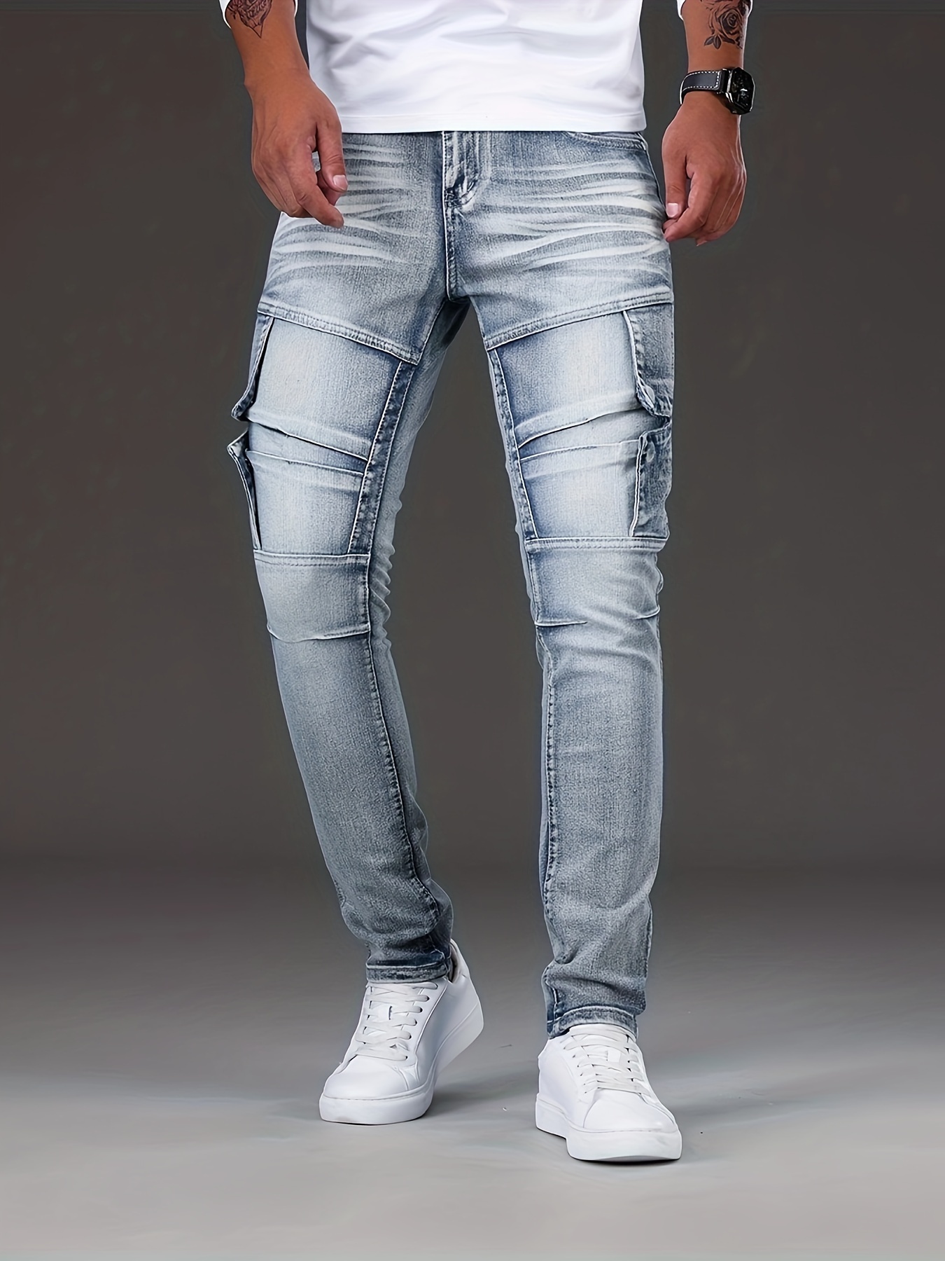 slim fit biker jeans mens casual street style distressed medium stretch denim pants details 7