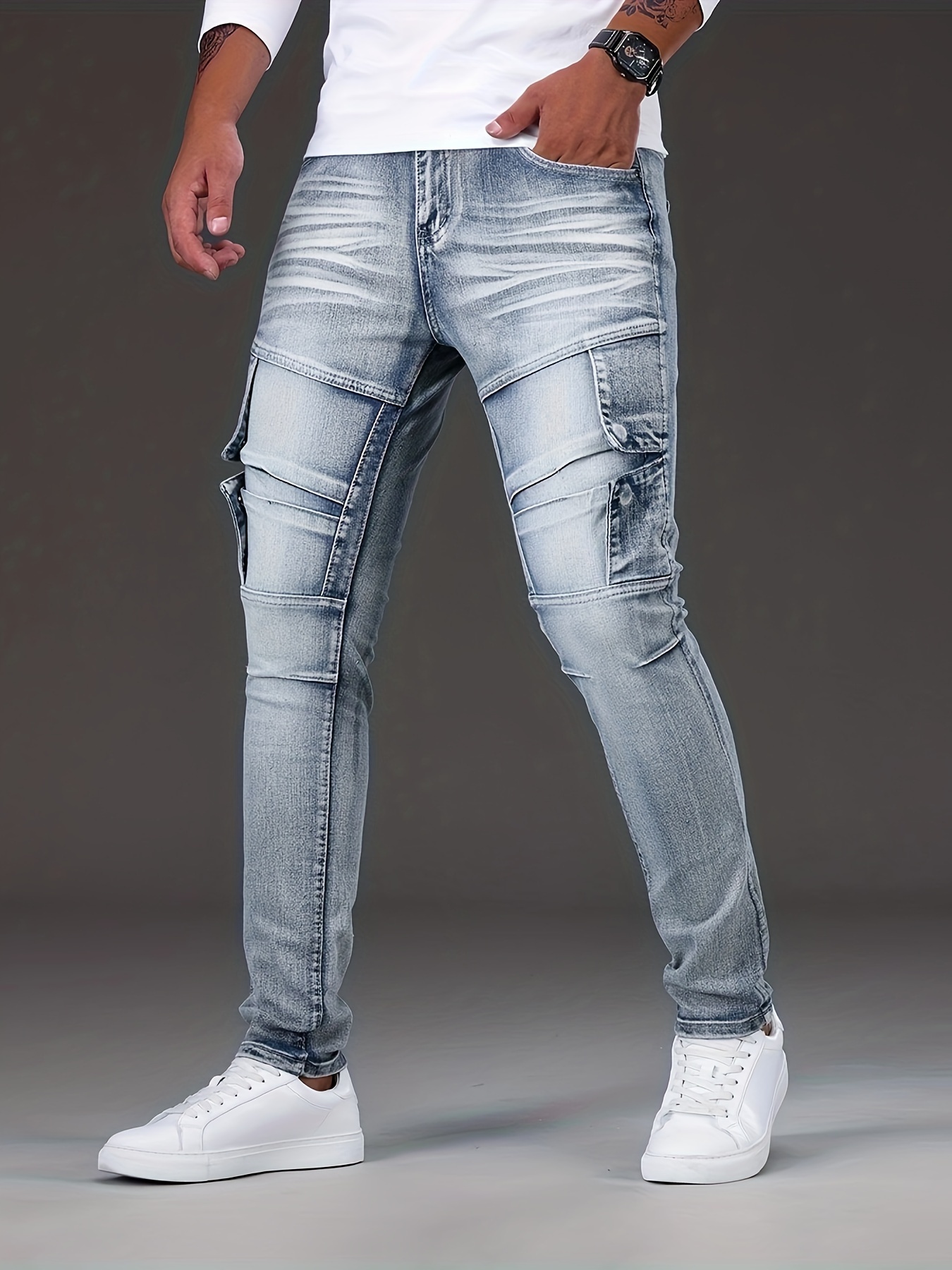 slim fit biker jeans mens casual street style distressed medium stretch denim pants details 8