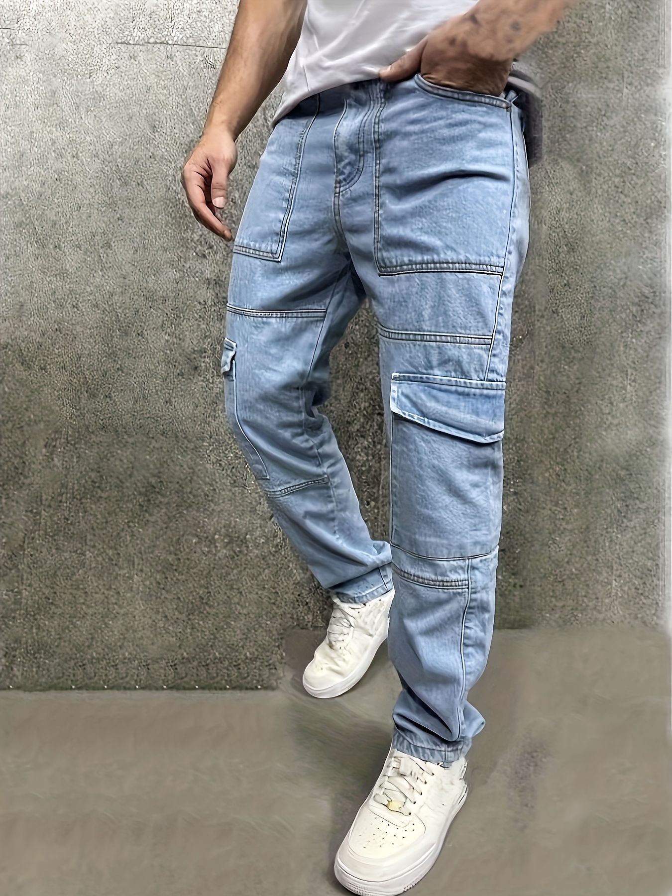 mens casual multi pocket jeans chic street style regular jeans details 0