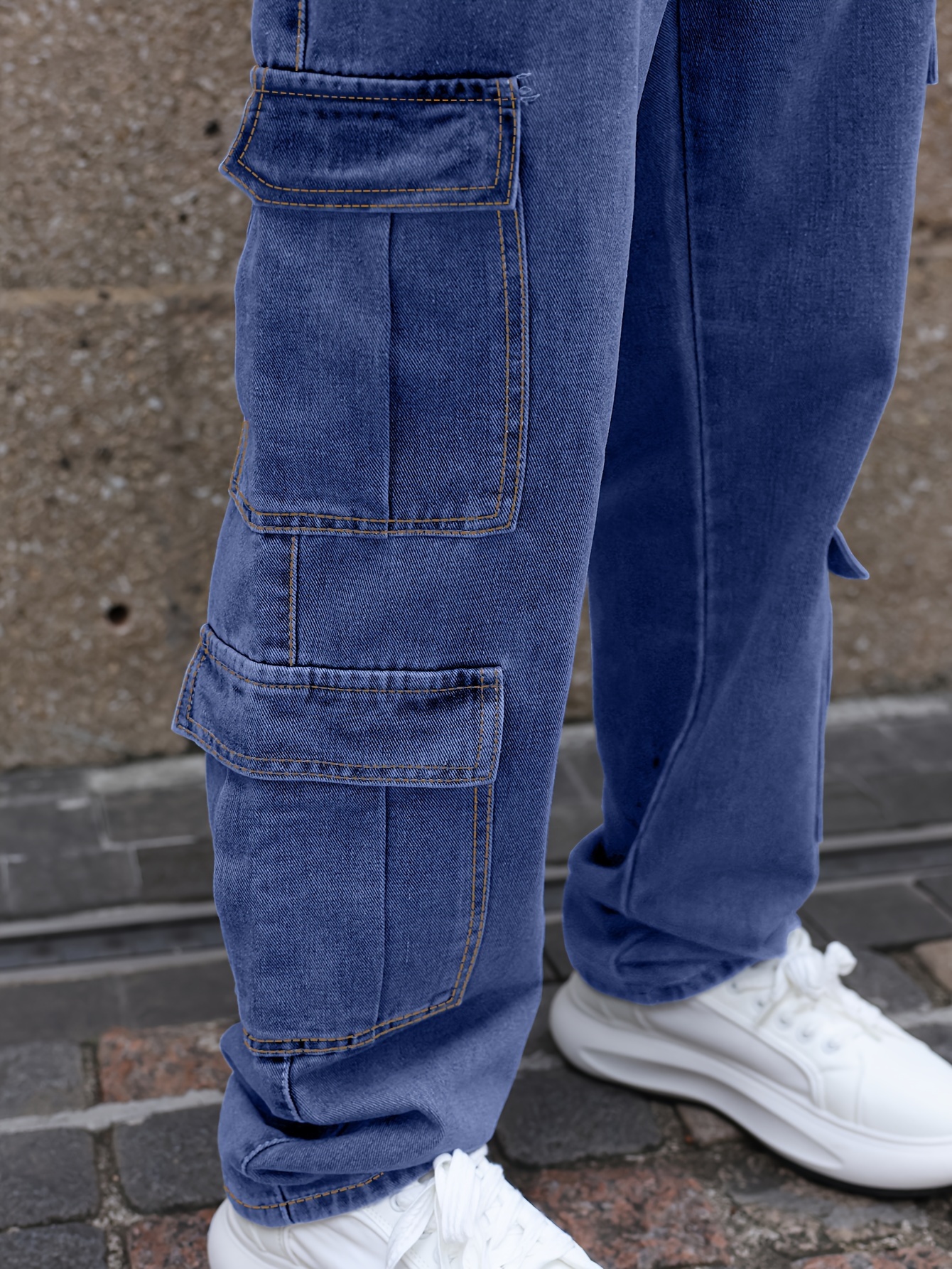 mens multi pocket jeans casual loose fit straight leg jeans details 4