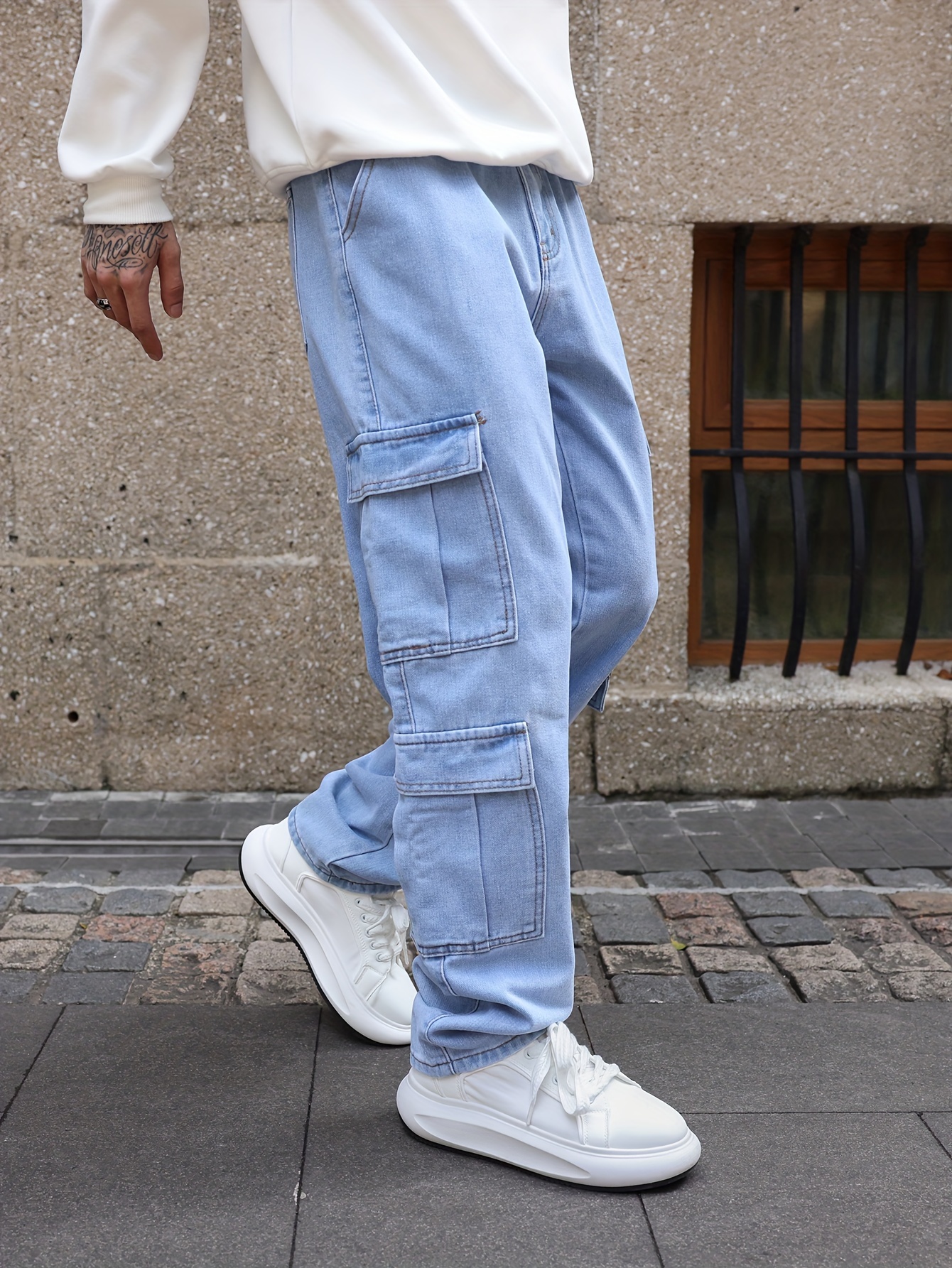 mens multi pocket jeans casual loose fit straight leg jeans details 18