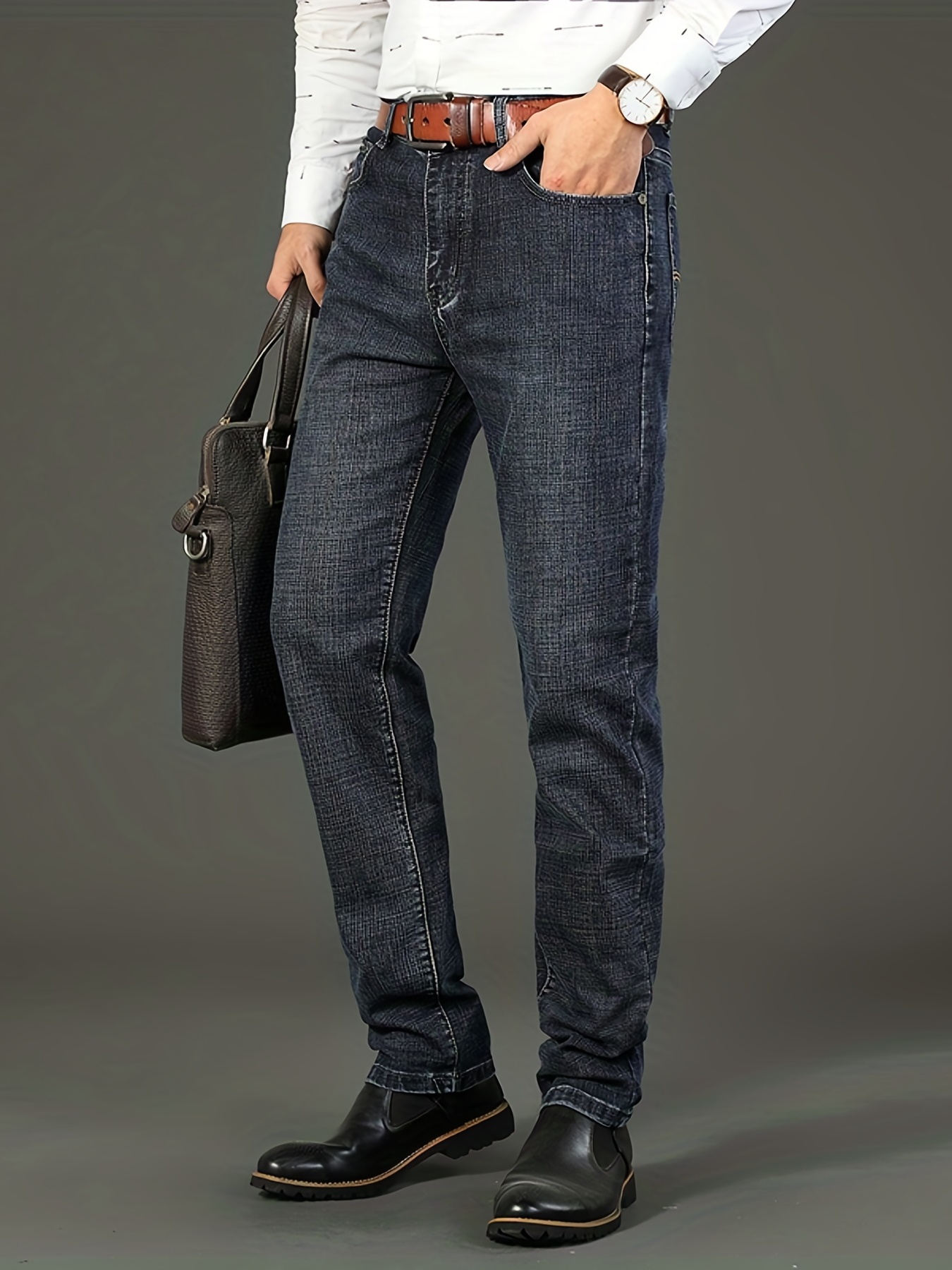 mens high quality straight leg jeans for business semi formal stretch denim pants details 7