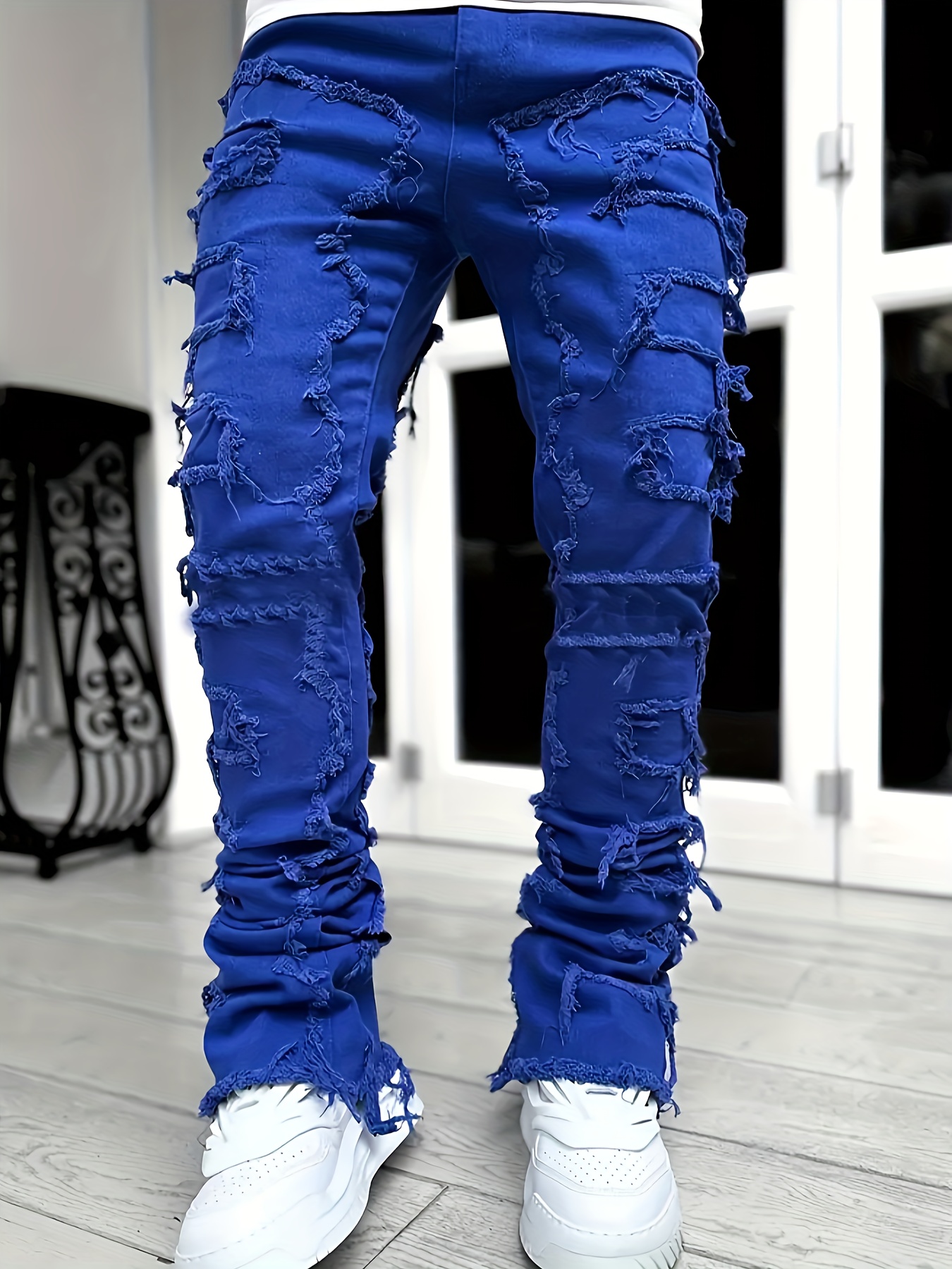 creative raw trim jeans mens casual street style medium stretch denim pants details 19