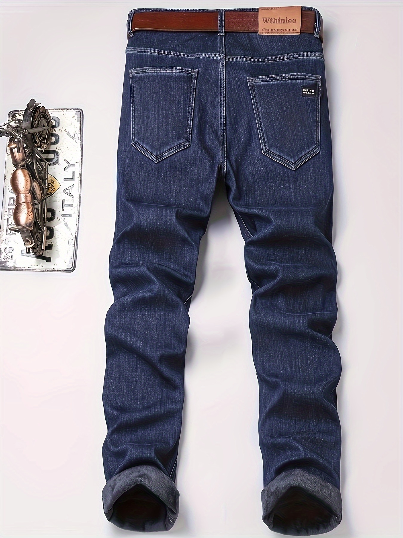 mens classic design warm thick jeans semi formal stretch jeans for fall winter business details 2