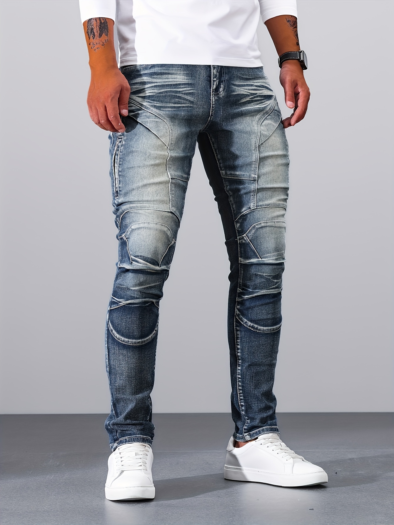 casual vintage style denim pants, mens casual vintage style denim pants street style skinny biker jeans details 1