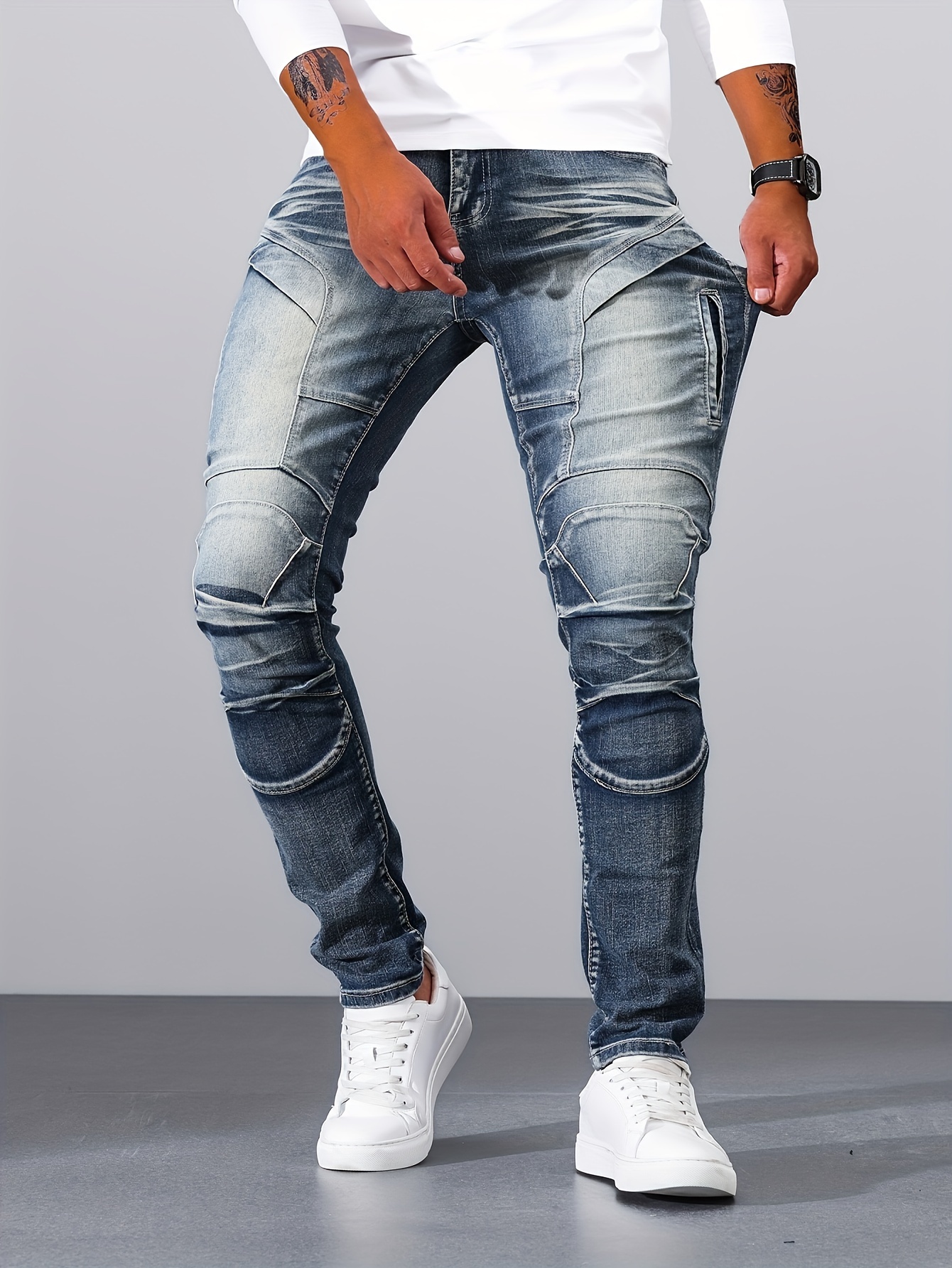 casual vintage style denim pants, mens casual vintage style denim pants street style skinny biker jeans details 5