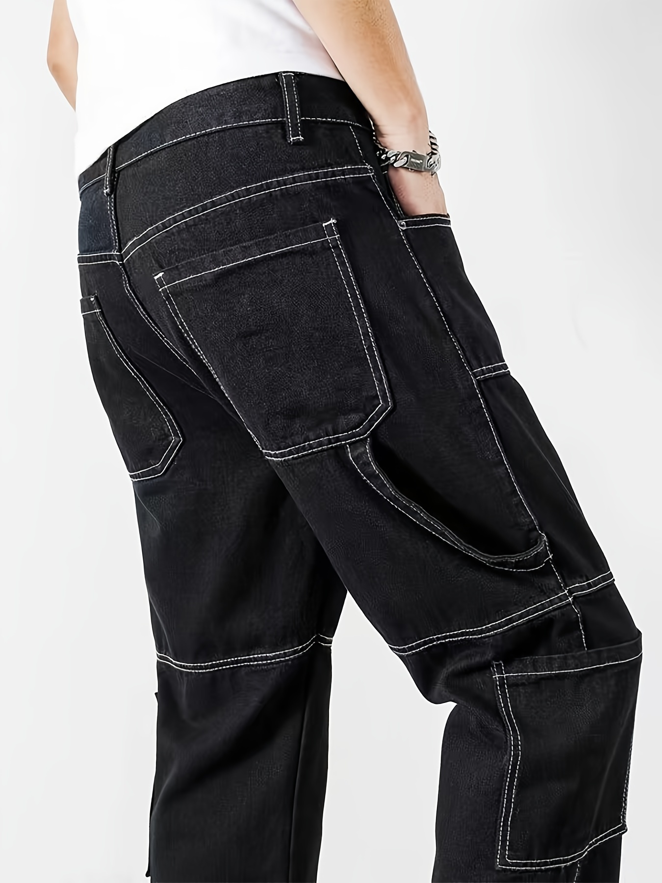 mens casual contrast stitching jeans street style multi pocket straight leg jeans details 2