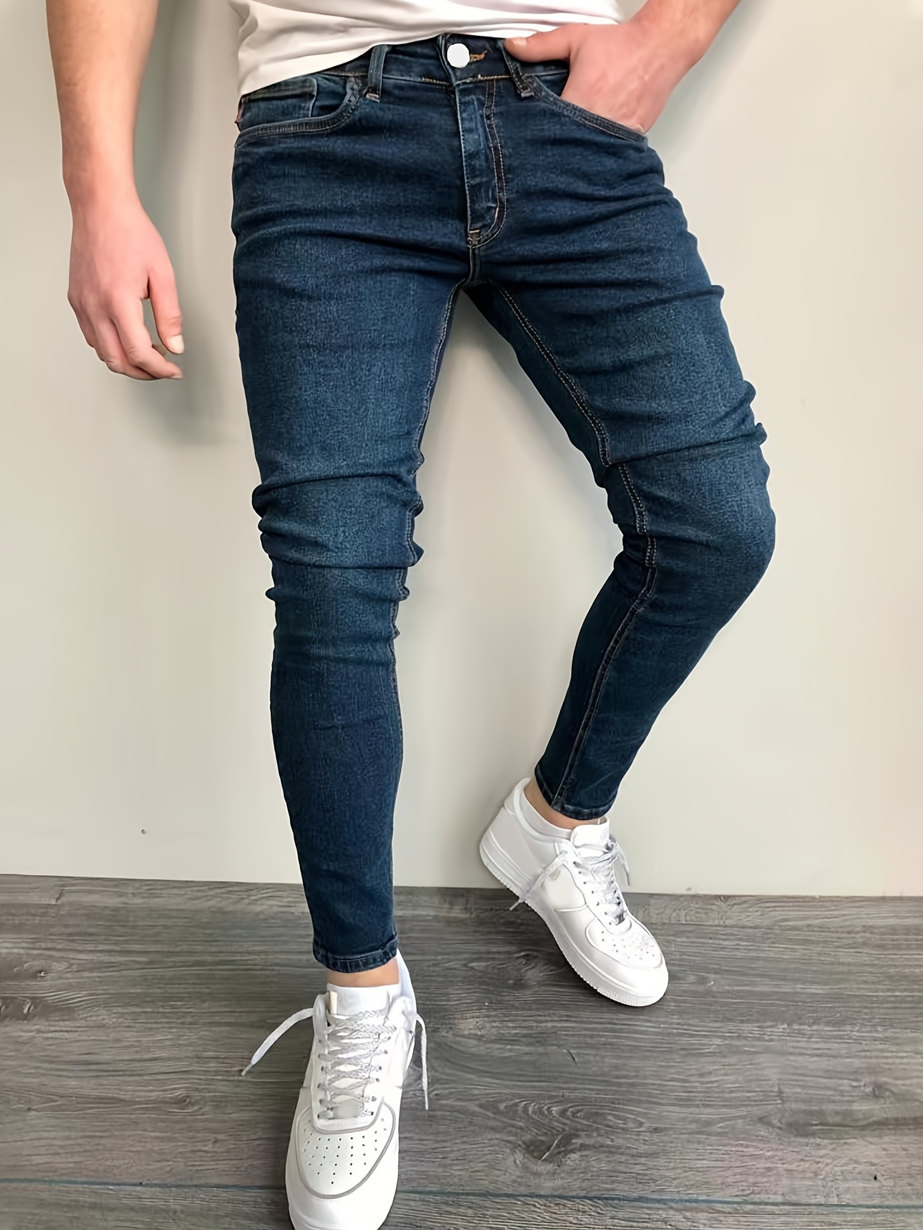 slim fit cotton jeans mens casual street style solid color classic design mid stretch denim pants for spring summer details 6