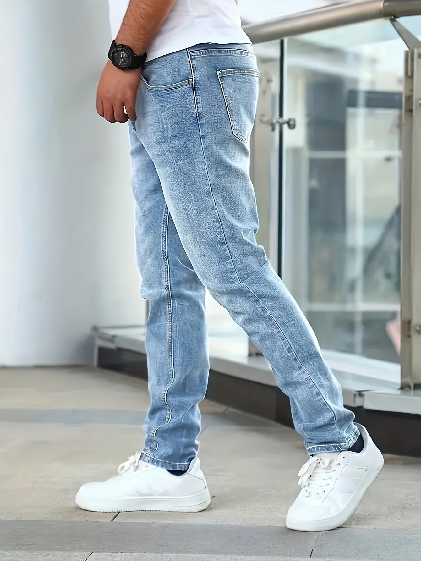 mens casual medium stretch jeans classic design denim pants details 7