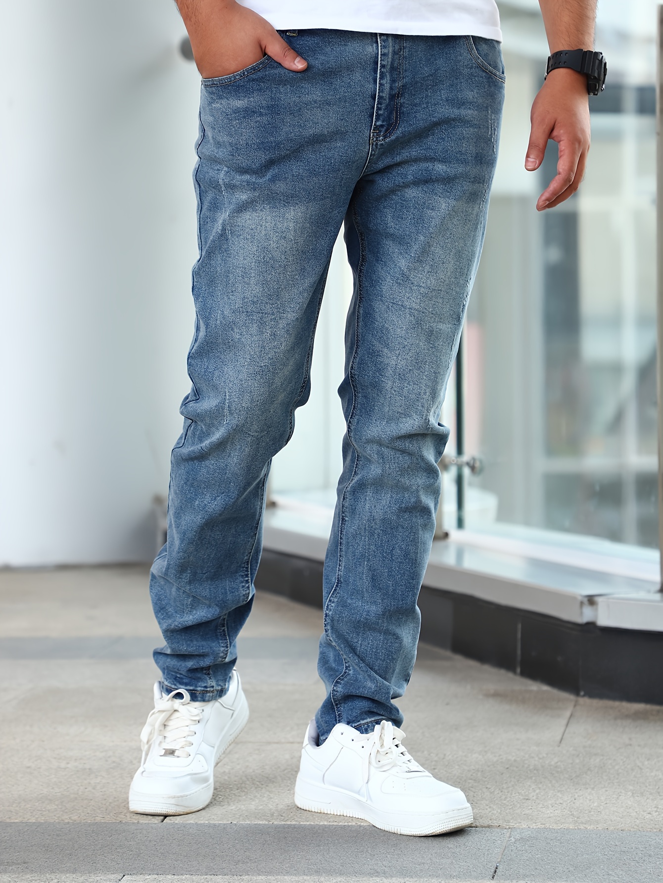 mens casual medium stretch jeans classic design denim pants details 12