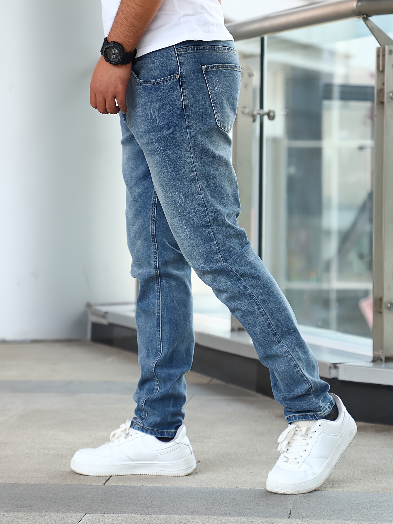 mens casual medium stretch jeans classic design denim pants details 13