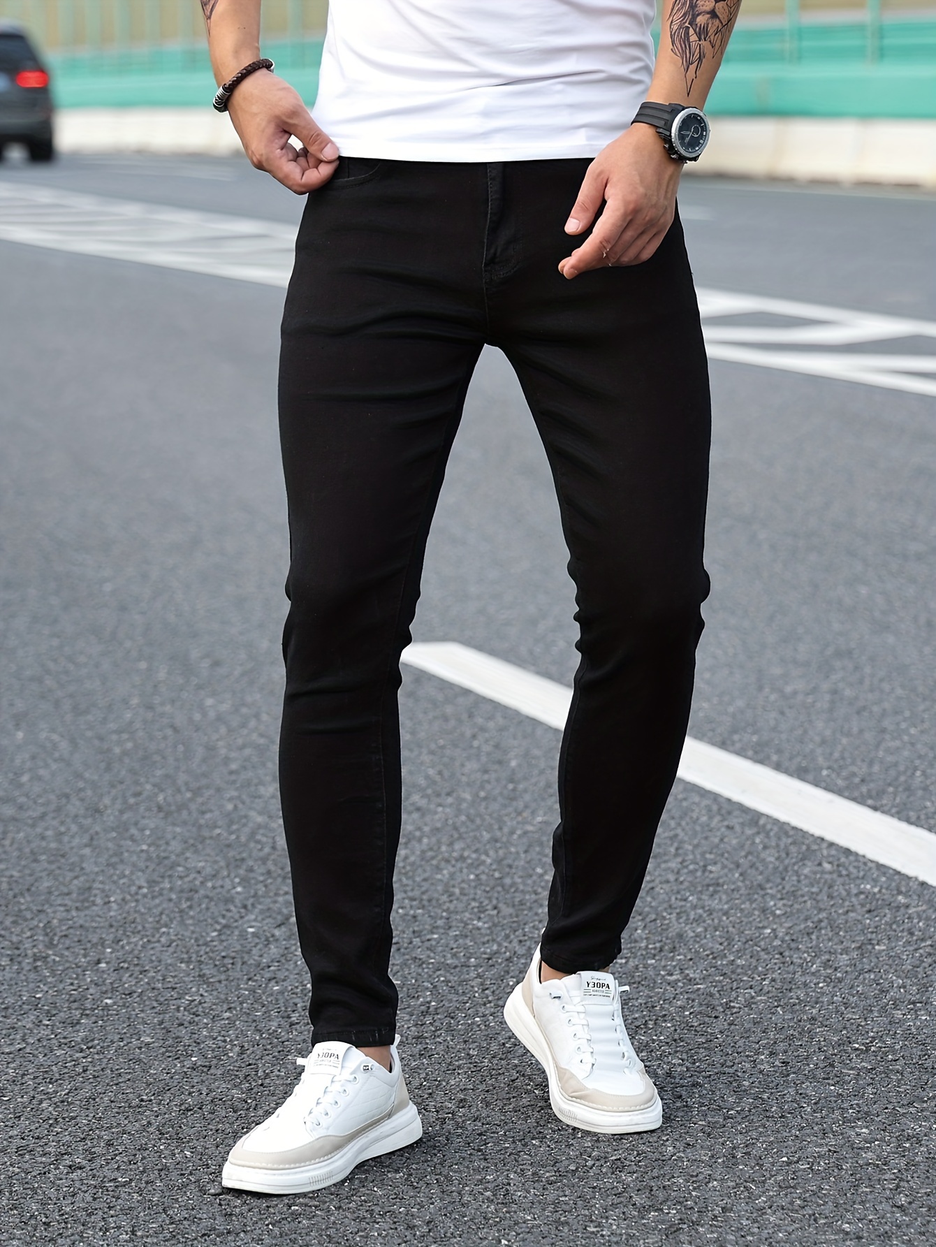 chic skinny jeans mens casual street style distressed stretch denim pants details 0