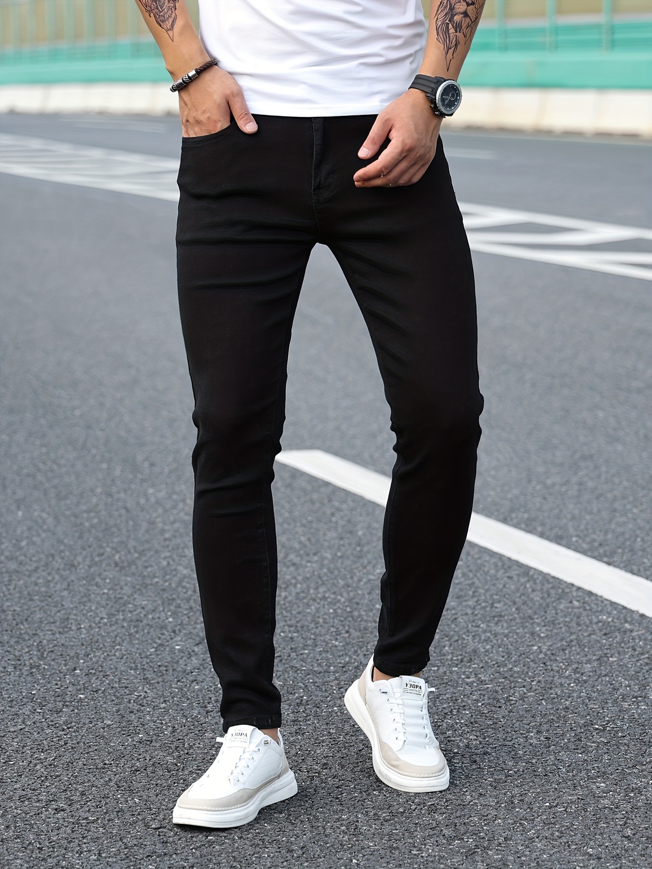 chic skinny jeans mens casual street style distressed stretch denim pants details 9