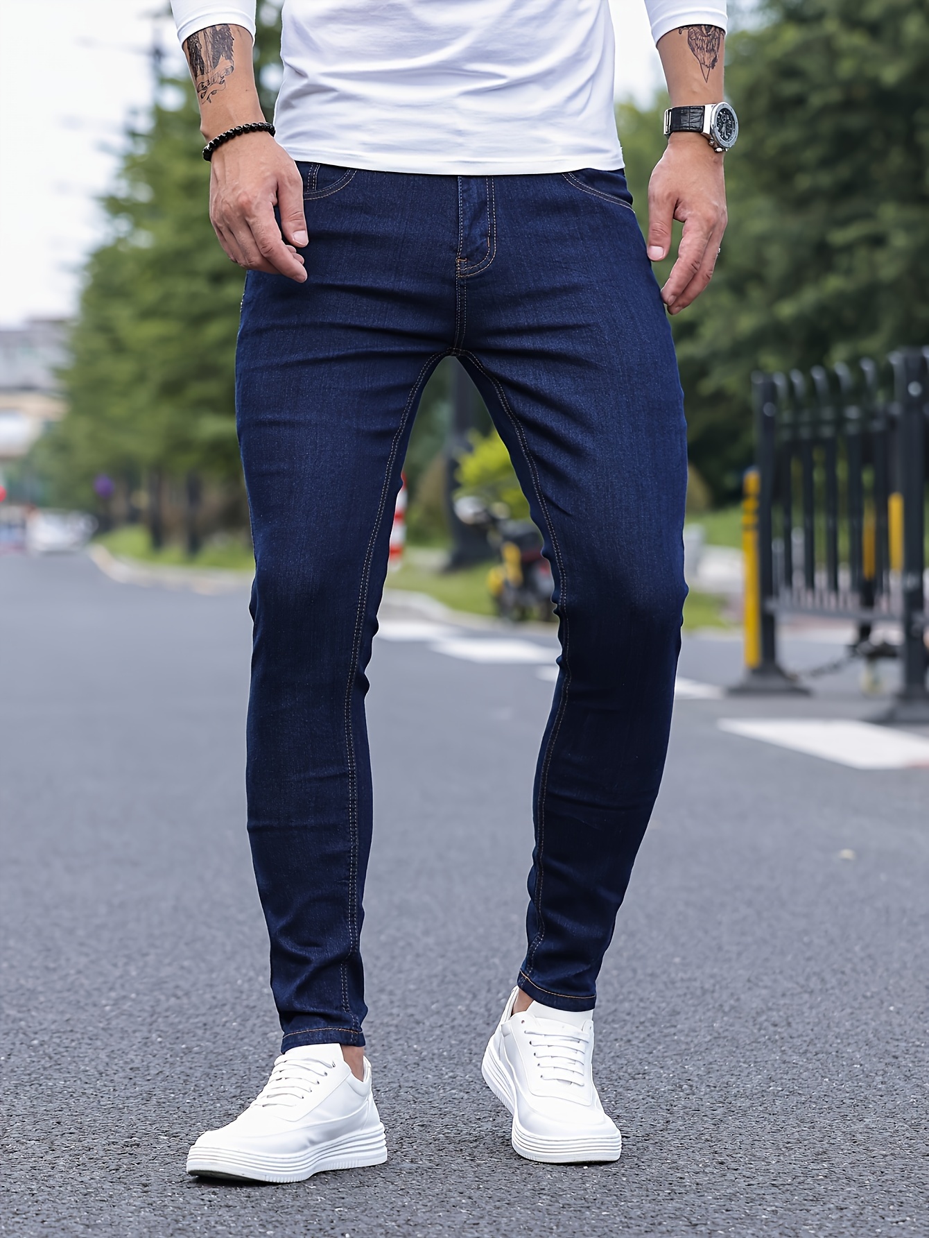 slim fit classic design jeans mens casual street style stretch denim pants details 12