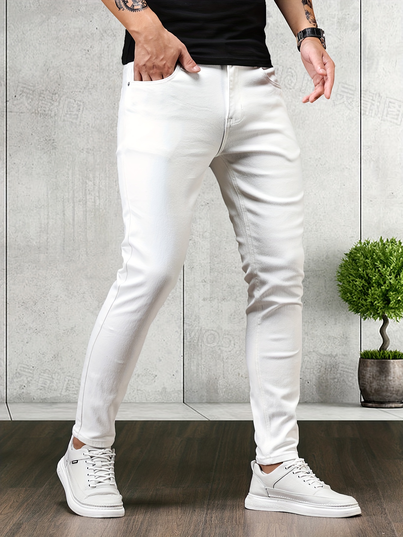 contrast stitching slim fit jeans mens casual street style mid stretch denim pants for spring summer details 8