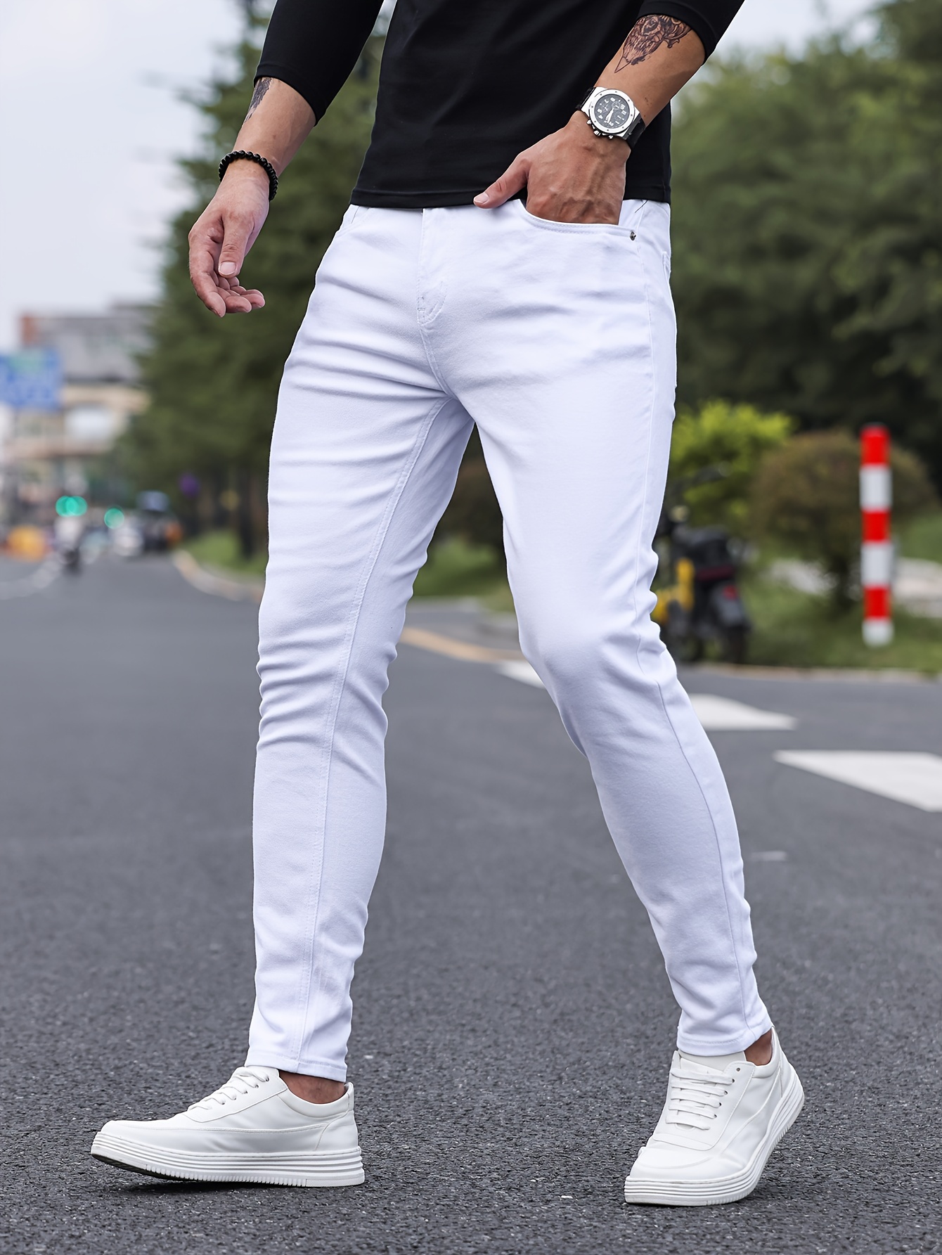 contrast stitching slim fit jeans mens casual street style mid stretch denim pants for spring summer details 21