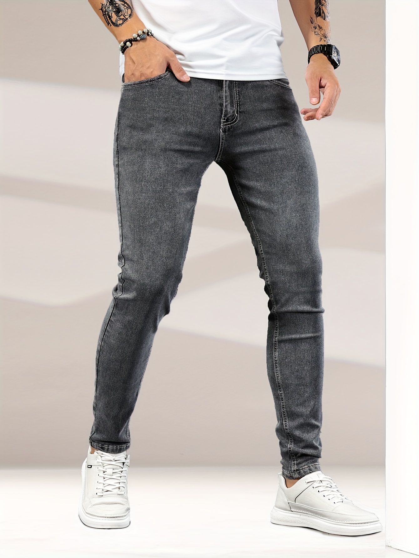 contrast stitching slim fit jeans mens casual street style mid stretch denim pants for spring summer details 26