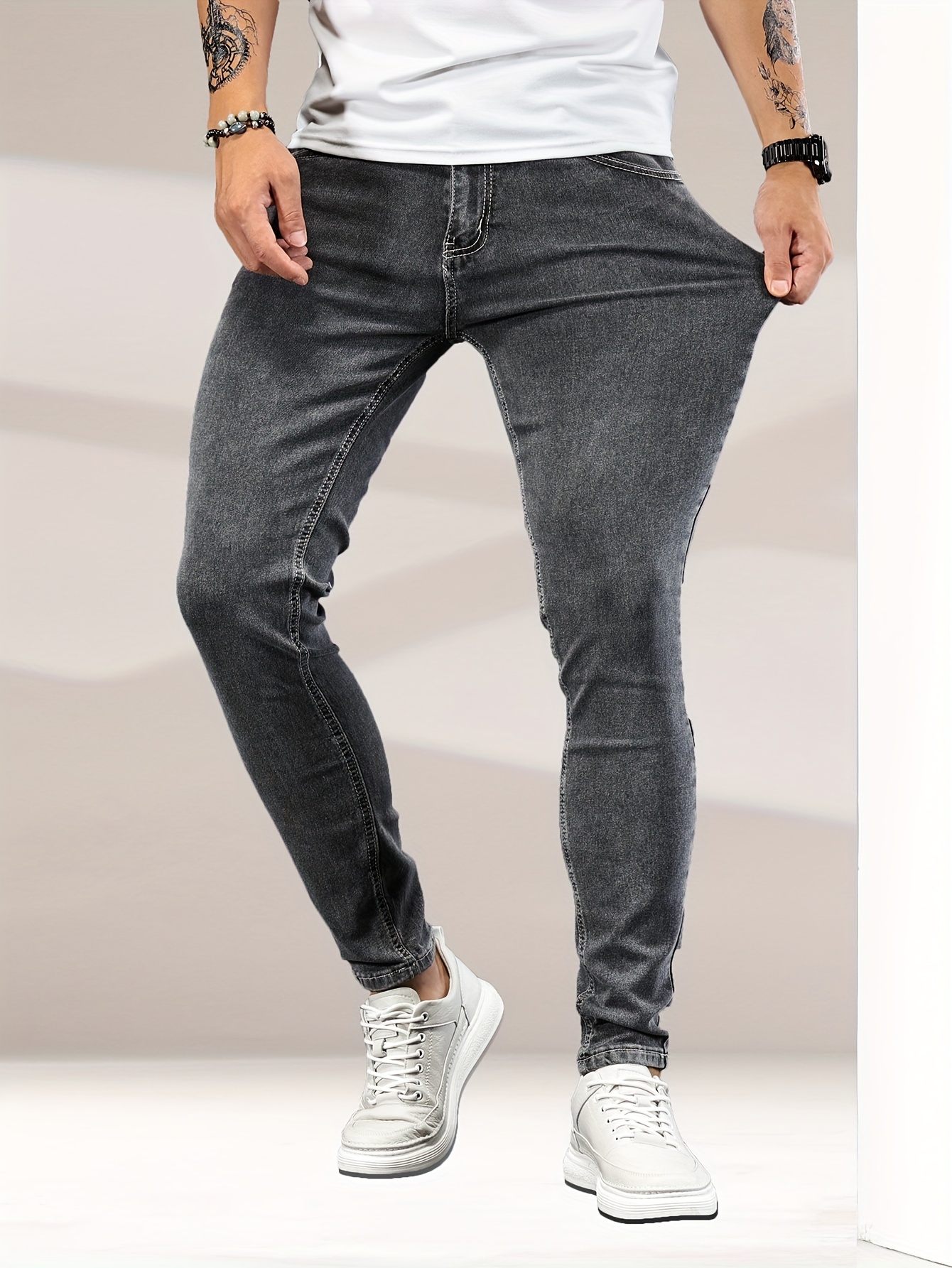 contrast stitching slim fit jeans mens casual street style mid stretch denim pants for spring summer details 28