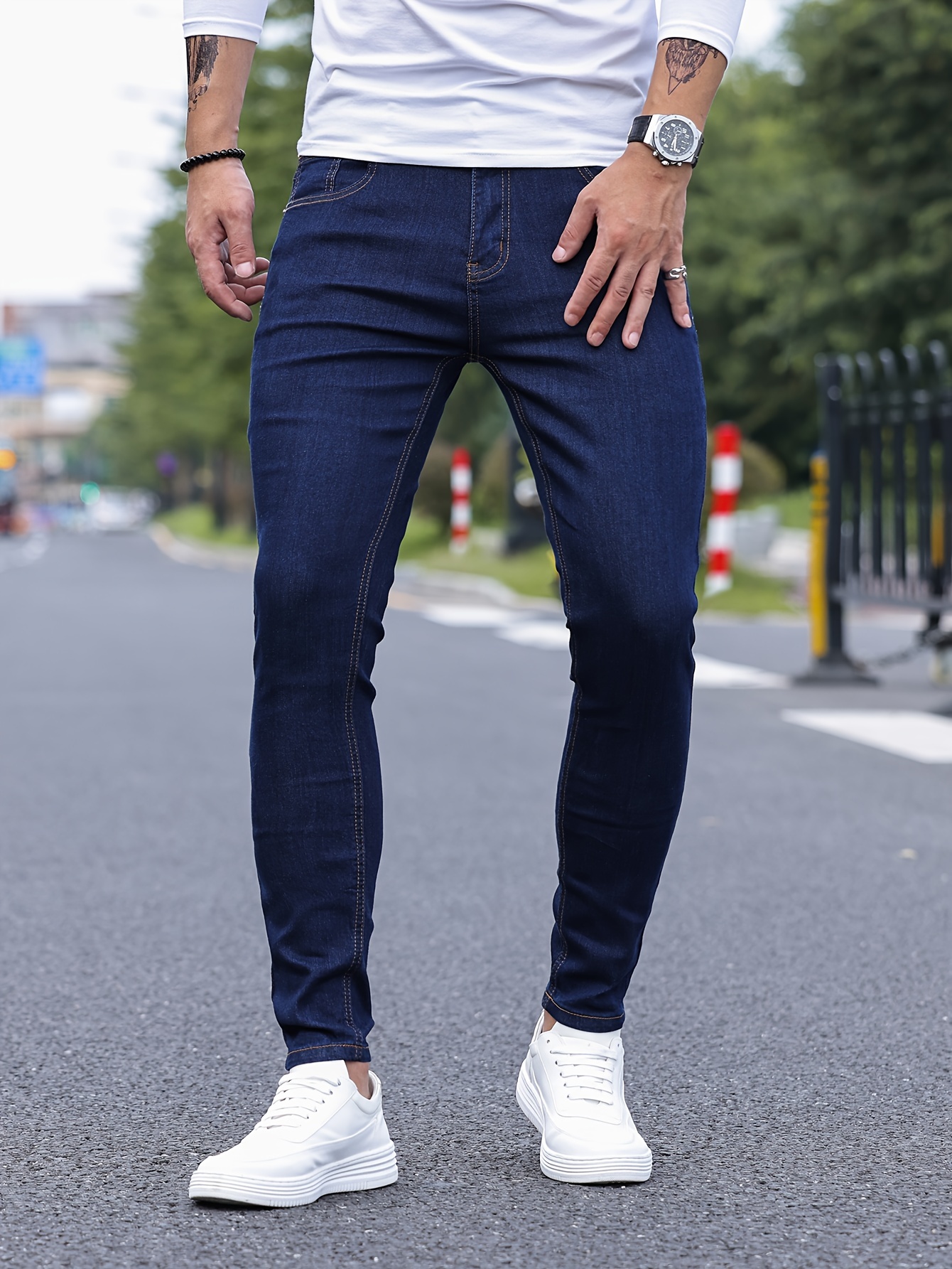 contrast stitching slim fit jeans mens casual street style mid stretch denim pants for spring summer details 30