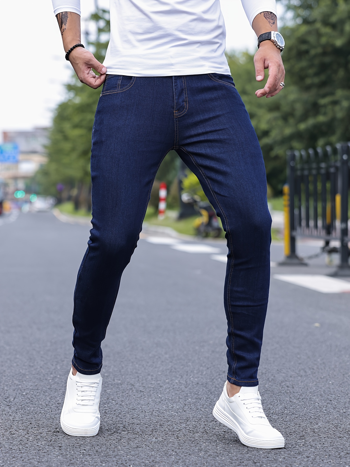 contrast stitching slim fit jeans mens casual street style mid stretch denim pants for spring summer details 32