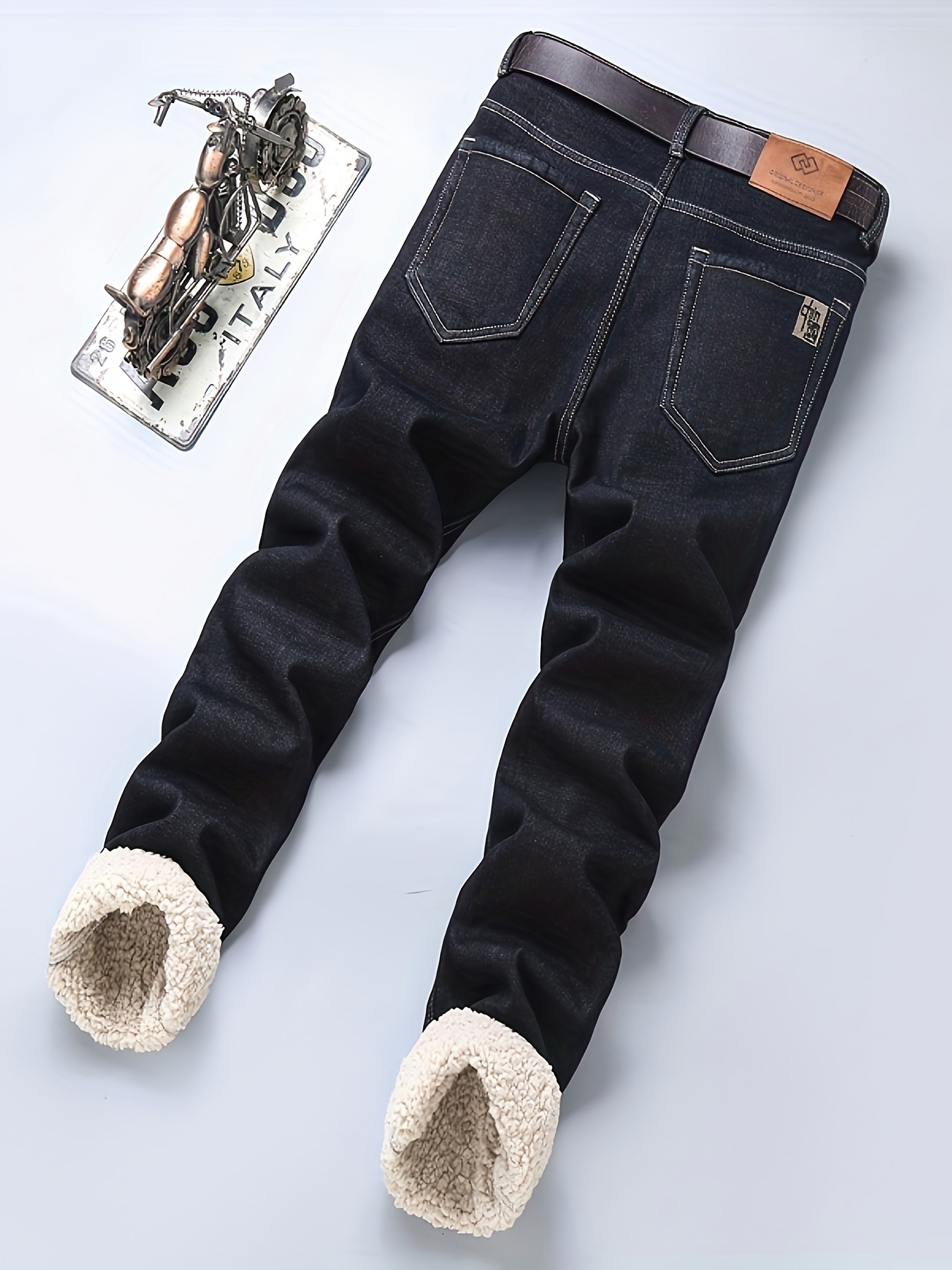 mens casual warm thick jeans classic design stretch straight leg jeans for business details 4