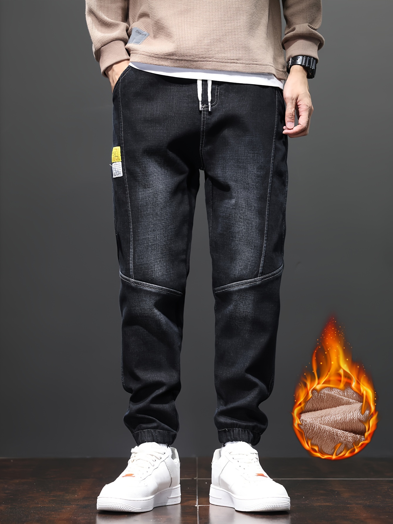 mens warm thick tapered pants casual trendy cropped pants for fall winter details 10