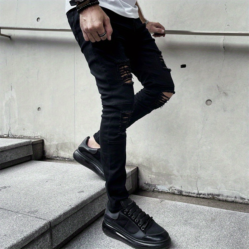 slim fit denim pants, mens fashion ripped skinny mid stretch jeans slim fit denim pants with pockets details 7