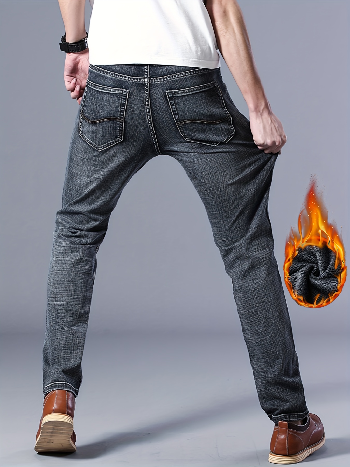 warm fleece straight leg jeans for business mens semi formal denim pants for fall winter details 1