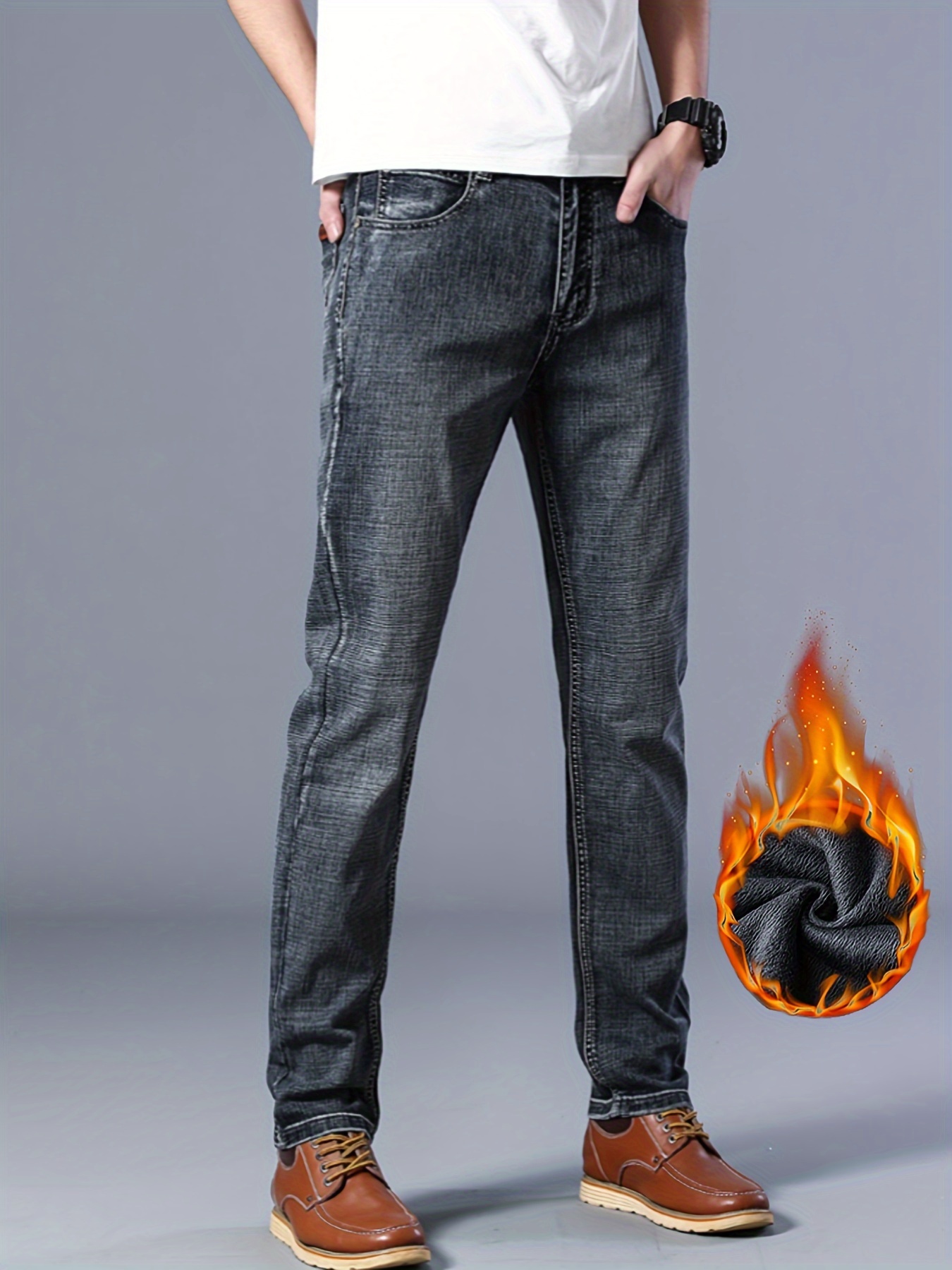 warm fleece straight leg jeans for business mens semi formal denim pants for fall winter details 2