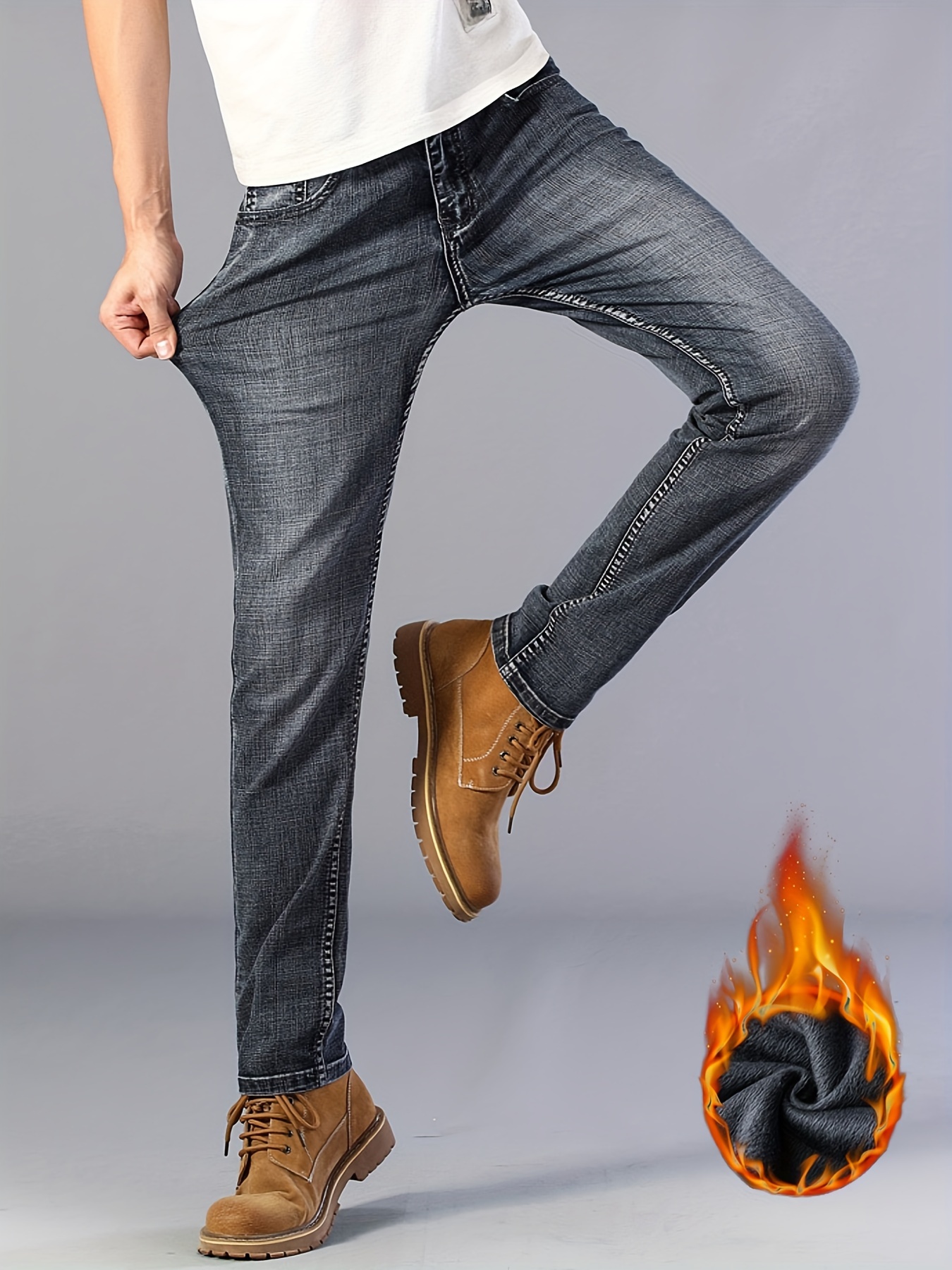 warm fleece straight leg jeans for business mens semi formal denim pants for fall winter details 7